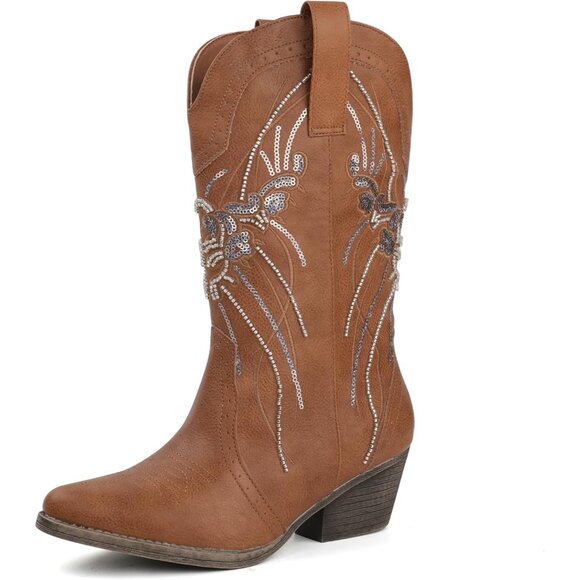 Women's Brown Mid Calf Western Pointed Toe Sequin Embroidered Chunky Heel Boots - Picture 5 of 6